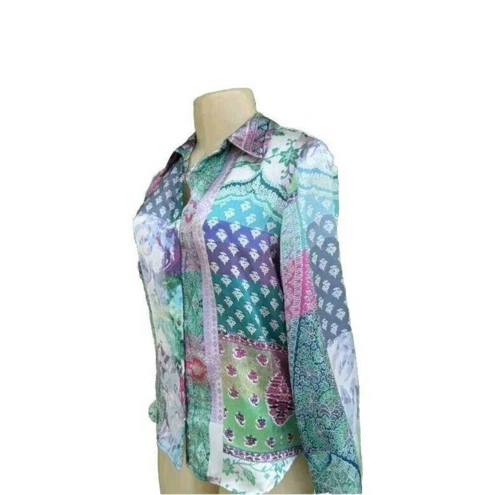 Zara Patchwork Print Long Sleeve Lightweight Button-Up Shirt size S 8245 159